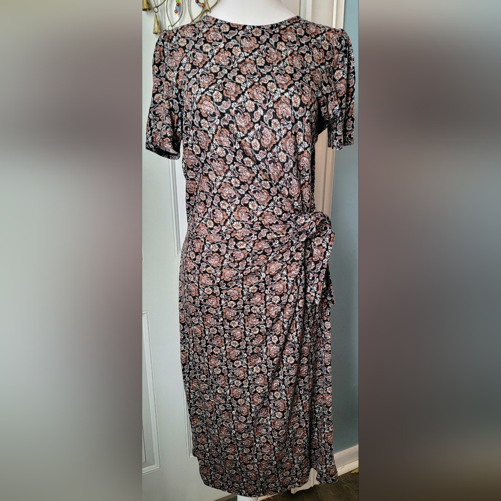 Boden Knot Front Jersey Midi Dress Womens 8P Black White Rust Boho Floral Stretc